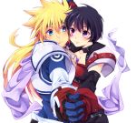  1boy 1girl armor black_hair blonde_hair blue_eyes couple gloves headband hetero holding_hands kirimi_maguro long_hair rutee_katrea short_hair shoulder_pads stahn_aileron tales_of_(series) tales_of_destiny violet_eyes white_background 