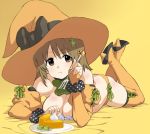  1girl :t bare_shoulders boots breasts brown_eyes brown_hair detached_sleeves eating flower fork hair_flower hair_ornament halloween hat high_heels hisakawa_riho idolmaster idolmaster_cinderella_girls large_breasts legs_up lying mimura_kanako on_stomach orange_legwear panties puffy_sleeves pumpkin_hair_ornament simple_background solo thigh-highs thigh_boots topless underwear witch_hat yellow_background 