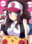  1girl baseball_cap blue_eyes breast_rest breasts brown_hair denim denim_shorts hat holding holding_poke_ball large_breasts long_hair looking_at_viewer glasses_man poke_ball pokemon pokemon_(game) pokemon_bw ponytail raichu shiny shiny_clothes shiny_skin shirt shorts smile touko_(pokemon) vest white_shirt wristband 