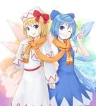  2girls agarwood blonde_hair blue_eyes blue_hair cirno dress grin hat holding_hands lily_white long_hair looking_at_viewer multiple_girls one_eye_closed scarf shared_scarf short_hair smile touhou v wings 