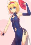  1girl alice_margatroid alternate_costume bare_shoulders blonde_hair blue_eyes breasts china_dress chinese_clothes cleavage culter fan folding_fan hairband navel single_bridal_gauntlet smile solo touhou twitter_username wristband 