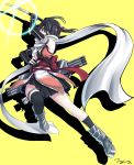  1girl asymmetrical_legwear black_hair elbow_gloves gloves h-new kantai_collection knife looking_at_viewer pleated_skirt sendai_(kantai_collection) short_hair signature skirt solo traditional_media two_side_up violet_eyes watercolor_(medium) yellow_background 