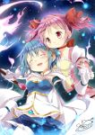  2girls :d ^_^ blue_hair blush bow bow_(weapon) brooch cape choker closed_eyes dated friends gleision_adain gloves hair_bow hair_ornament holding_hands jewelry kaname_madoka magical_girl mahou_shoujo_madoka_magica miki_sayaka multiple_girls official_style open_mouth pink_eyes pink_hair short_hair short_twintails signature skirt smile tears twintails weapon white_gloves 