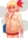  1girl alternate_costume bag blonde_hair blush cardigan demekyon eating grocery_bag hair_ribbon highres long_sleeves plaid plaid_skirt red_eyes ribbon rumia school_bag shopping_bag short_hair skirt solo touhou 