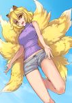  1girl animal_ears blonde_hair breasts casual contemporary drawfag fang fox_ears fox_tail highres large_breasts multiple_tails open_mouth orange_eyes ribbed_sweater short_shorts shorts sleeveless sleeveless_turtleneck solo sweater tail touhou turtleneck yakumo_ran 