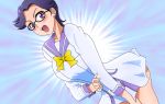  1girl blush bow davi_(dokidoki!_precure) db_(dokidoki!_precure) dokidoki!_precure dress dutch_angle earrings glasses jewelry looking_at_viewer open_mouth pcwr_etchy precure purple_hair sailor_collar school_uniform solo violet_eyes 
