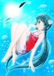  1girl barefoot black_hair blue_eyes casual_one-piece_swimsuit h.i.t_(59-18-45) hair_ornament highres long_hair low_twintails nagi_no_asukara one-piece_swimsuit seashell shell shiodome_miuna swimsuit twintails underwater 
