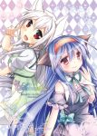  2girls :d animal_ears blue_hair bowtie brown_eyes cat_ears cover cover_page doujin_cover fang finger_to_cheek hair_ornament hairband highres long_hair looking_at_viewer looking_back mikazuki_sara multiple_girls open_mouth original smile white_hair 