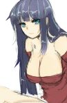  1girl bare_shoulders black_hair blue_eyes breasts cleavage crabbu frown ikaruga_(senran_kagura) large_breasts long_hair off-shoulder_sweater senran_kagura senran_kagura_(series) sitting solo 