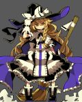  1girl adjusting_clothes adjusting_hat blonde_hair boots bow braid curiosities_of_lotus_asia fingerless_gloves gloves grey_background hair_bow hat kirisame_marisa long_hair looking_at_viewer ribbon sam_58 simple_background smile solo touhou witch_hat yellow_eyes 