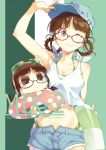  2girls ahoge akizuki_ritsuko braid brown_eyes brown_hair chibi chicchan cover cover_page cutoffs denim denim_shorts dual_persona glasses goggles goggles_on_head hand_on_headwear hat hat_tip idolmaster innertube multiple_girls nail_polish puchimasu! shorts smile swimsuit swimsuit_under_clothes t-okada tank_top twin_braids wink 