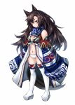  1girl ainu_clothes animal_ears black_hair boots coat decchi_oyabun detached_sleeves expressionless long_hair navel original panties red_eyes scarf solo standing tail thigh-highs thigh_boots underwear white_background white_legwear white_panties wolf_ears wolf_tail 