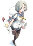  1girl beaker black_legwear cosplay gloves hair_ornament hair_over_one_eye hairclip hamakaze_(kantai_collection) hamakaze_(kantai_collection)_(cosplay) highres kantai_collection look-alike naruse_mai nishigaki_nana pantyhose pleated_skirt school_uniform serafuku short_hair simple_background skirt smile solo white_background white_gloves yuru_yuri 