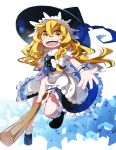  1girl blonde_hair bow braid broom broom_riding hair_bow hat highres kirisame_marisa long_hair looking_at_viewer open_mouth outstretched_arm ribbon sam_58 simple_background smile solo star star_(sky) touhou white_background witch_hat yellow_eyes 