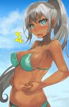  blue_eyes dark_skin fang ika long_hair looking_at_viewer navel open_mouth original ponytail silver_hair swimsuit tan 