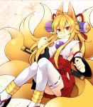  1girl ahoge animal_ears blonde_hair blush breasts detached_sleeves fox_ears fox_tail hakama_skirt honey-cat izuna_(shinrabanshou) japanese_clothes long_hair multiple_tails red_eyes ribbon-trimmed_legwear ribbon_trim shinrabanshou smile solo tail thigh-highs white_legwear 