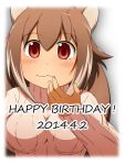  1girl 2014 :3 animal_ears blazblue blush breasts brown_eyes brown_hair casual happy_birthday highres large_breasts makoto_nanaya mirano ribbed_sweater short_hair solo squirrel_ears squirrel_tail sweater tail turtleneck 