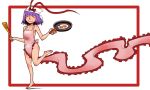  1girl apron barefoot breasts cleavage closed_eyes collarbone frame frying_pan hat hat_ribbon nagae_iku naked_apron onikobe_rin purple_hair ribbon smile solo spatula sunny_side_up_egg touhou 