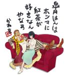  1boy 1girl anosumi_(ggpg) black_hair bowtie coca-cola couch cup glasses gold_teeth jewelry kill_la_kill kiryuuin_satsuki long_skirt one_eye_closed orange_hair ring short_hair skirt takarada_kaneo teacup translation_request 