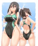  &gt;:d 2girls :d ass black_hair breasts brown_eyes chikuma_(kantai_collection) competition_swimsuit flying_sweatdrops highres kantai_collection large_breasts long_hair looking_at_viewer looking_back multiple_girls one-piece_swimsuit open_mouth smile swimsuit tone_(kantai_collection) yoshi_tama 