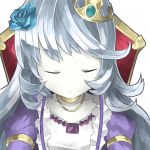  1girl bust chair choker closed_eyes collarbone crown flower frills hair_flower hair_ornament jewelry juliet_sleeves long_hair long_sleeves mini_crown mosamune necklace no_nose puffy_long_sleeves puffy_sleeves puzzle_&amp;_dragons rose silver_hair simple_background sleeping sleeping_beauty_(p&amp;d) solo white_background 