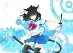  1girl animal_ears black_hair black_legwear cat_ears choker flower gears holding hydrangea ichiyou_moka katana looking_at_viewer original pleated_skirt school_uniform serafuku short_hair skirt solo sword tagme thigh-highs weapon yellow_eyes zettai_ryouiki 