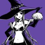  1girl breasts hal-13 hand_on_hip hat highres long_hair monochrome navel purple_background simple_background smile solo venus_&amp;_braves very_long_hair vivi_(v&amp;b) witch_hat 
