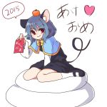 &gt;:) 1girl animal_ears blue_hair capelet food food_on_head fruit fruit_on_head happy_new_year kozakura_(dictionary) looking_at_viewer mouse_ears nazrin new_year object_on_head orange red_eyes short_hair sitting smile solo tail touhou translated wariza