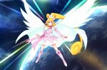  1girl aida_mana arm_warmers ayatori_(sensei_heroism) blonde_hair boots cape choker clenched_hand cure_heart cure_heart_parthenon_mode curly_hair dokidoki!_precure flying half_updo highres knee_boots long_hair magical_girl pink_eyes planet ponytail precure skirt smile solo white_skirt wings 