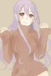  1girl atelier_(series) blush breasts contrapposto drawfag highres long_hair naked_sweater pamela_ibiss purple_hair ribbed_sweater smile solo sweater turtleneck violet_eyes 