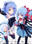  2girls blue_hair blush breasts chandelure dress facial_mark garter_straps highres homura_subaru hydreigon long_hair looking_at_viewer multiple_girls one_eye_closed personification pokemon ponytail red_eyes smile thigh-highs yellow_eyes 
