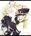  1boy androgynous blonde_hair cub gokotai hair_over_one_eye hat hat_removed headwear_removed kama_ri letterboxed long_sleeves lying military military_uniform on_side platinum_blonde short_hair shorts solo tiger touken_ranbu uniform white_tiger yellow_eyes 
