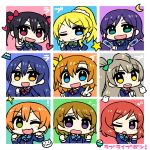  6+girls :3 \m/ ayase_eli black_hair blonde_hair brown_hair card chan_co chibi green_eyes grey_hair heart hoshizora_rin koizumi_hanayo kousaka_honoka long_hair love_live!_school_idol_project minami_kotori multiple_girls nishikino_maki one_eye_closed orange_eyes orange_hair purple_hair red_eyes redhead rice rice_bowl short_hair sonoda_umi toujou_nozomi twintails v violet_eyes yazawa_nico yellow_eyes 