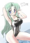  1girl armpits blue_eyes competition_swimsuit glasses green_hair long_hair nire_nanaki one-piece_swimsuit original pointy_ears poolside sitting swimsuit 