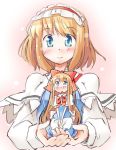  2girls alice_margatroid arnest blonde_hair blue_eyes blush bow capelet hair_bow headband holding in_palm long_hair looking_at_viewer multiple_girls shanghai_doll short_hair sketch smile touhou 