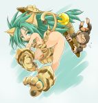  1girl armpits boomerang bottomless cat_tail cham_cham gloves green_eyes green_hair karukan_(monjya) long_hair messy_hair monkey no_panties paws samurai_spirits shoes smile solo spiky_hair tail 