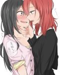  2girls alternate_hairstyle artist_request black_clothes black_hair blush hand_on_another&#039;s_face jpeg_artifacts love_live!_school_idol_project multiple_girls nishikino_maki open_mouth redhead small_breasts translation_request yazawa_nico yuri 
