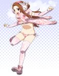  &gt;:d 1girl :d ankle_boots bikini boots bunny_earmuffs bunny_hair_ornament detached_sleeves earmuffs foreshortening hair_ornament halftone halftone_background hisakawa_riho idolmaster minase_iori open_mouth outstretched_arms pink_bikini running scarf smile snowflake_print solo spread_arms swimsuit 