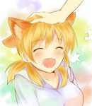  1girl animal_ears blonde_hair blush breasts cat_ears closed_eyes dan_ball hand_on_another&#039;s_head hidamari_sketch kemonomimi_mode miyako open_mouth smile star yellow_eyes 