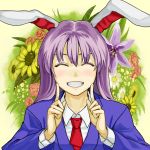  1girl animal_ears blazer blush blush_stickers bouquet closed_eyes dress_shirt finger_to_mouth fingersmile flower grin happy hyounosen_ena jacket long_hair long_sleeves looking_at_viewer necktie open_mouth purple_hair rabbit_ears red_necktie reisen_udongein_inaba shirt smile solo sunflower touhou white_shirt 