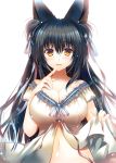  1girl animal_ears black_hair blush breasts bust cleavage finger_to_mouth fox_ears hair_ribbon hand_on_own_chest hanpen_(hannpenn2) large_breasts long_hair looking_at_viewer navel orange_eyes original ribbon skirt skirt_lift smile solo white_background 