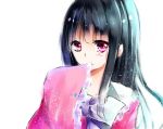  1girl black_hair bow bust eirin_kichigai hand_in_mouth houraisan_kaguya long_hair long_sleeves looking_at_viewer pink_eyes simple_background solo touhou white_background wide_sleeves 