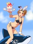  1girl animal_ears arm_support bikini blush breasts brown_hair bunny_tail cleavage dolphin fukusuke_hachi-gou highres original rabbit_ears red_eyes shaved_ice shiny shiny_skin short_hair swimsuit tail wrist_cuffs 