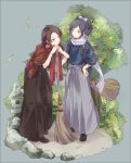  2boys atea black_hair blue_eyes broom brown_hair hakama hand_on_hip japanese_clothes kashuu_kiyomitsu leaf male_focus multiple_boys open_mouth outdoors red_eyes sandals simple_background standing stone_lantern tabi touken_ranbu tree yamato_no_kami_yasusada 