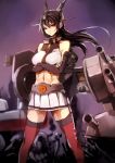  1girl black_gloves black_hair crossed_arms elbow_gloves gloves headgear highres kantai_collection kyouya_(mukuro238) machinery nagato_(kantai_collection) navel red_eyes red_legwear skirt solo standing thigh-highs 