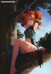  1girl absurdres adjusting_hair armpits artist_request barefoot dappled_sunlight detached_sleeves earrings green_eyes highres in_tree jewelry karna_(ys) looking_at_viewer mouth_hold necklace official_art orange_hair ponytail scan single_thighhigh sitting sitting_in_tree thigh-highs tree ys ys:_celceta_no_jukai 
