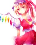  1girl ascot blonde_hair blush dress eirin_kichigai flandre_scarlet hat hat_ribbon looking_at_viewer mob_cap puffy_short_sleeves puffy_sleeves red_dress red_eyes ribbon shirt short_hair short_sleeves side_ponytail simple_background skirt skirt_set smile solo touhou vest white_background wings 