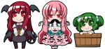  3girls book bow bubble_skirt bucket chibi demon_girl demon_tail demon_wings eichi_yuu expressionless face_mask fang flat_gaze green_eyes green_hair hair_bobbles hair_ornament hata_no_kokoro in_bucket in_container japanese_clothes juliet_sleeves kimono kisume koakuma long_hair long_sleeves mask multiple_girls pink_eyes pink_hair pointy_ears puffy_sleeves red_eyes redhead shirt skirt skirt_set smile tail touhou two_side_up very_long_hair vest wide_sleeves wings yukata 