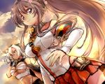  2girls anchor breasts brown_eyes brown_hair detached_sleeves dutch_angle glasses gloves kantai_collection large_breasts long_hair multiple_girls musashi_(kantai_collection) navel ponytail red_eyes short_hair skirt tobi_(one) very_long_hair white_hair yamato_(kantai_collection) z_flag 