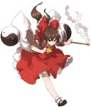  1girl amonitto bobby_socks bow brown_eyes brown_hair detached_sleeves dress hair_bow hair_tubes hakurei_reimu long_sleeves mary_janes red_dress shoes simple_background socks solo touhou white_background wide_sleeves yin_yang 